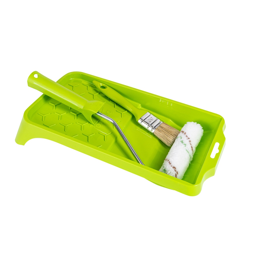 Spring  Set small-green:Paint tray 15x32,Brush 30mm, mini roller  Microfiber Natur 10cm  with handle