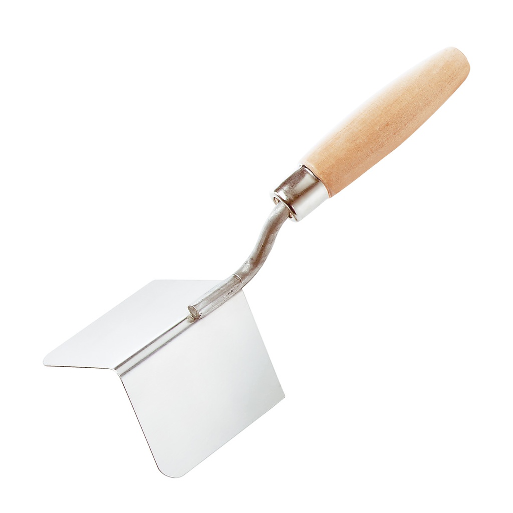 Corner trowel, wooden handle, stainless steel