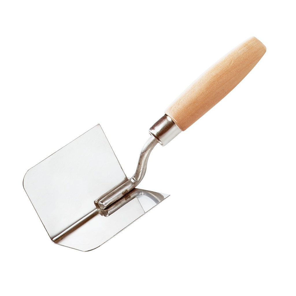 Corner trowel, wooden handle, stainless steel